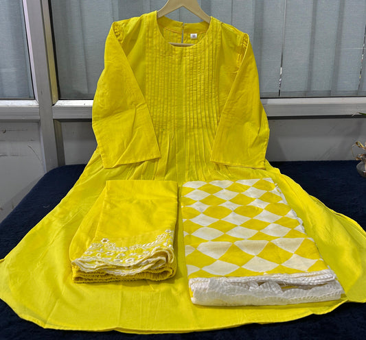 Lemon Color  Kurta With  Heavy  Embroidered Pants & Malmal Dupatta