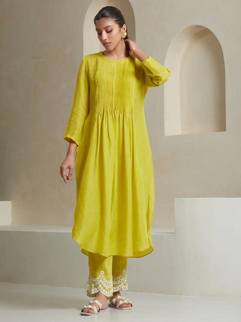 Lemon Color  Kurta With  Heavy  Embroidered Pants & Malmal Dupatta
