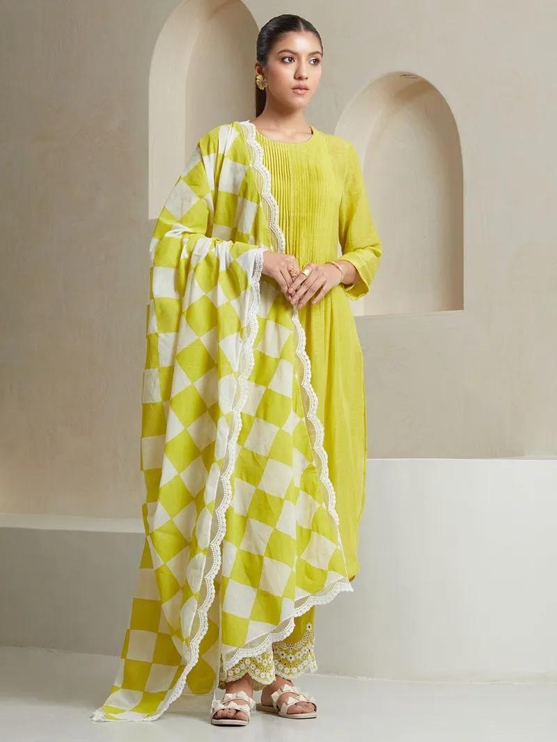 Lemon Color  Kurta With  Heavy  Embroidered Pants & Malmal Dupatta