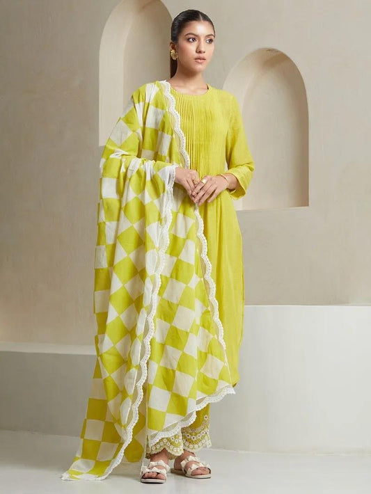 Lemon Color  Kurta With  Heavy  Embroidered Pants & Malmal Dupatta