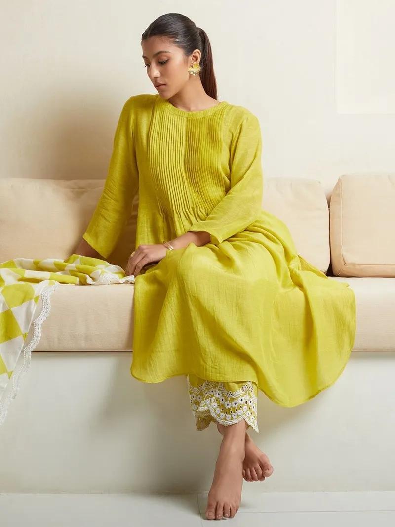 Lemon Color  Kurta With  Heavy  Embroidered Pants & Malmal Dupatta