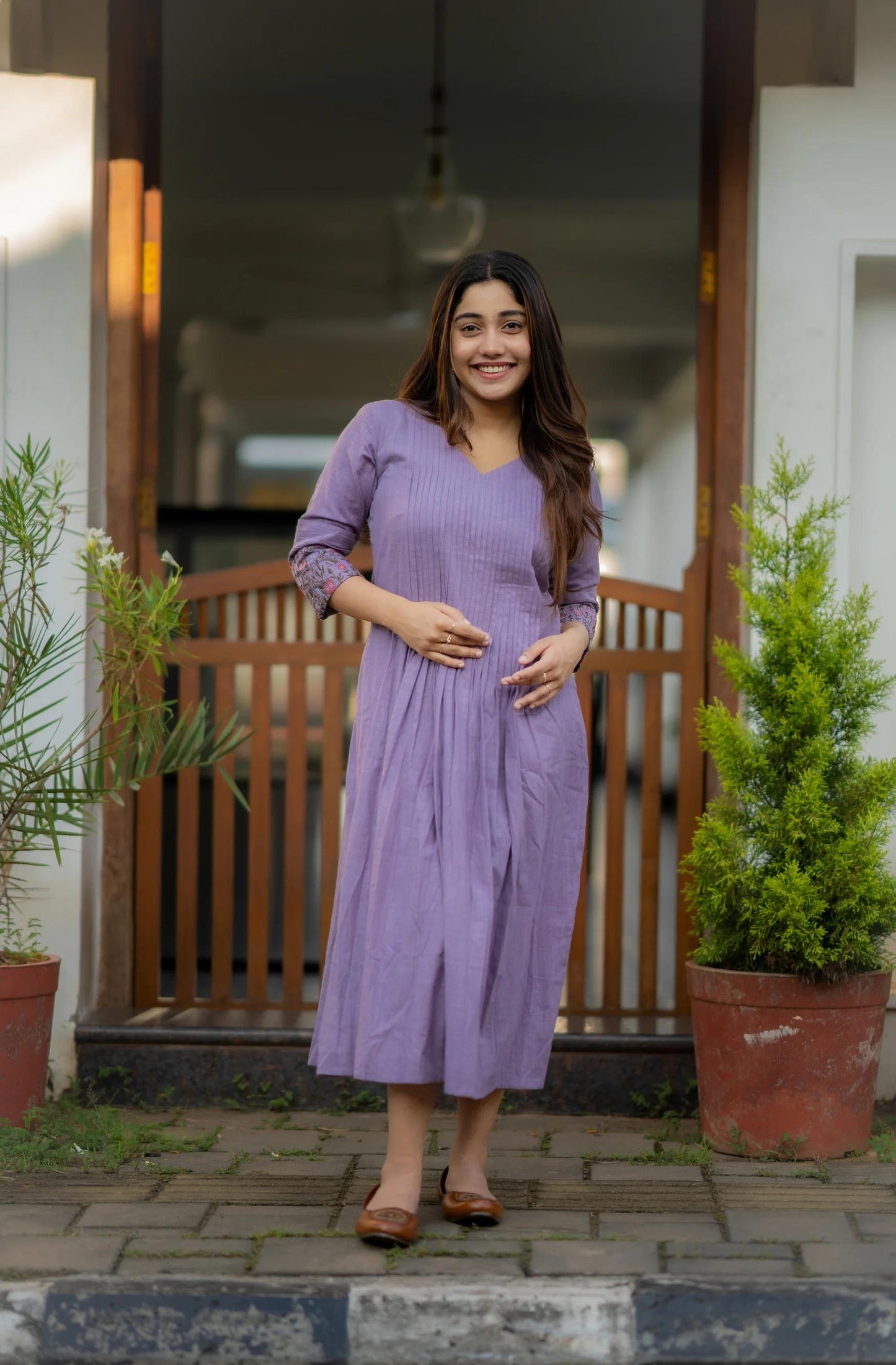 Cotton dress with floral embroidery and Printex detailing on yoke and sleeves
