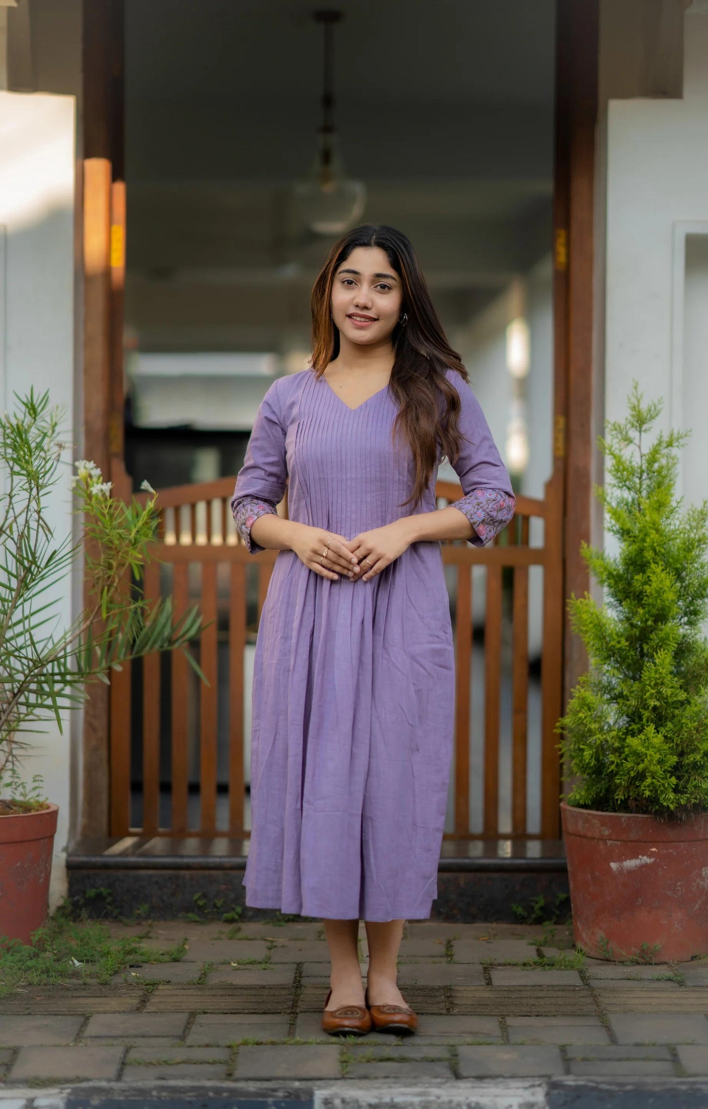 Cotton dress with floral embroidery and Printex detailing on yoke and sleeves