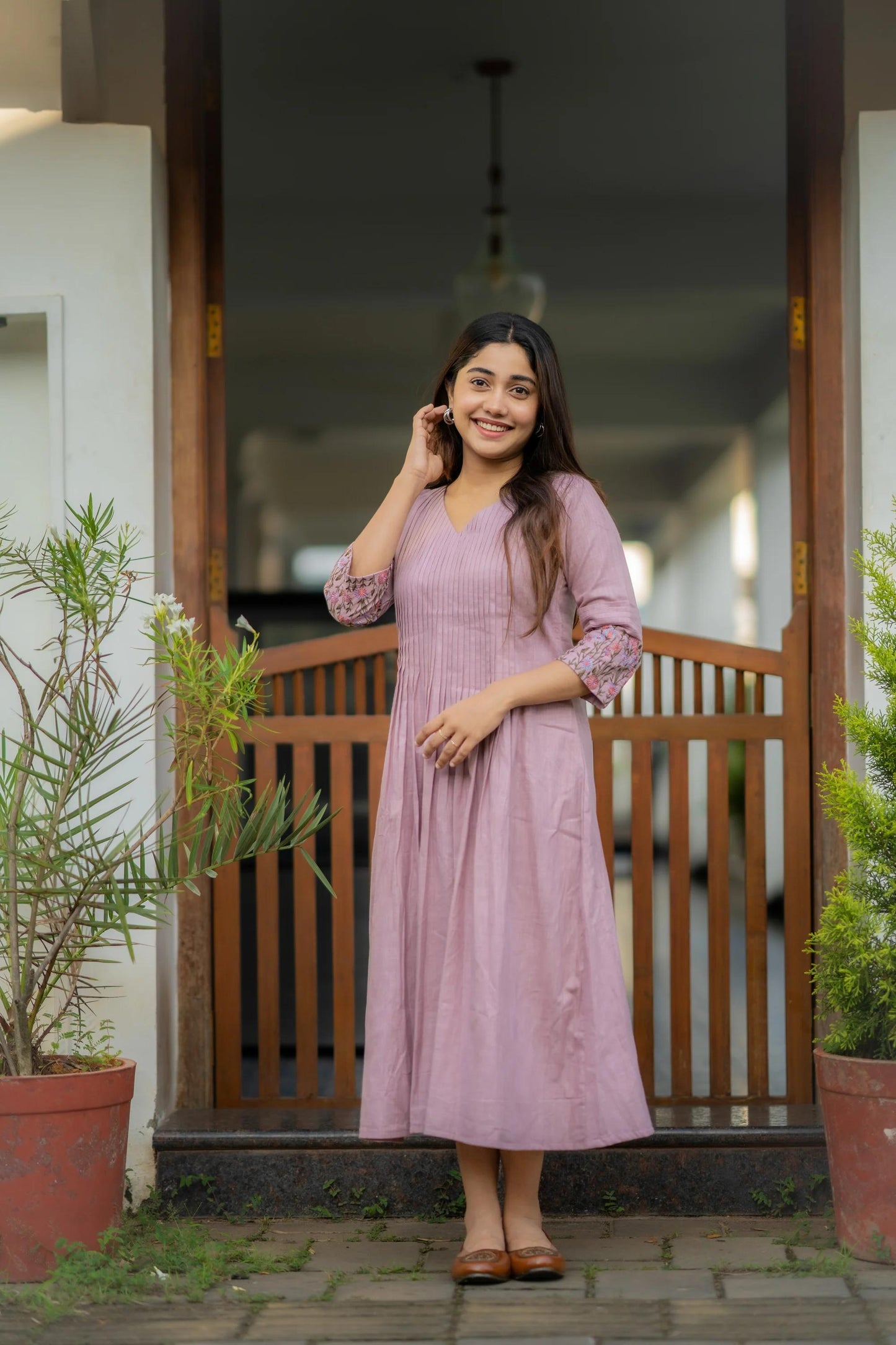 Cotton dress with floral embroidery and Printex detailing on yoke and sleeves