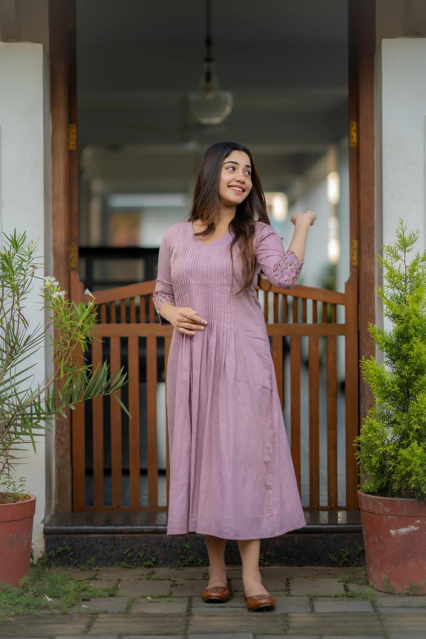 Cotton dress with floral embroidery and Printex detailing on yoke and sleeves