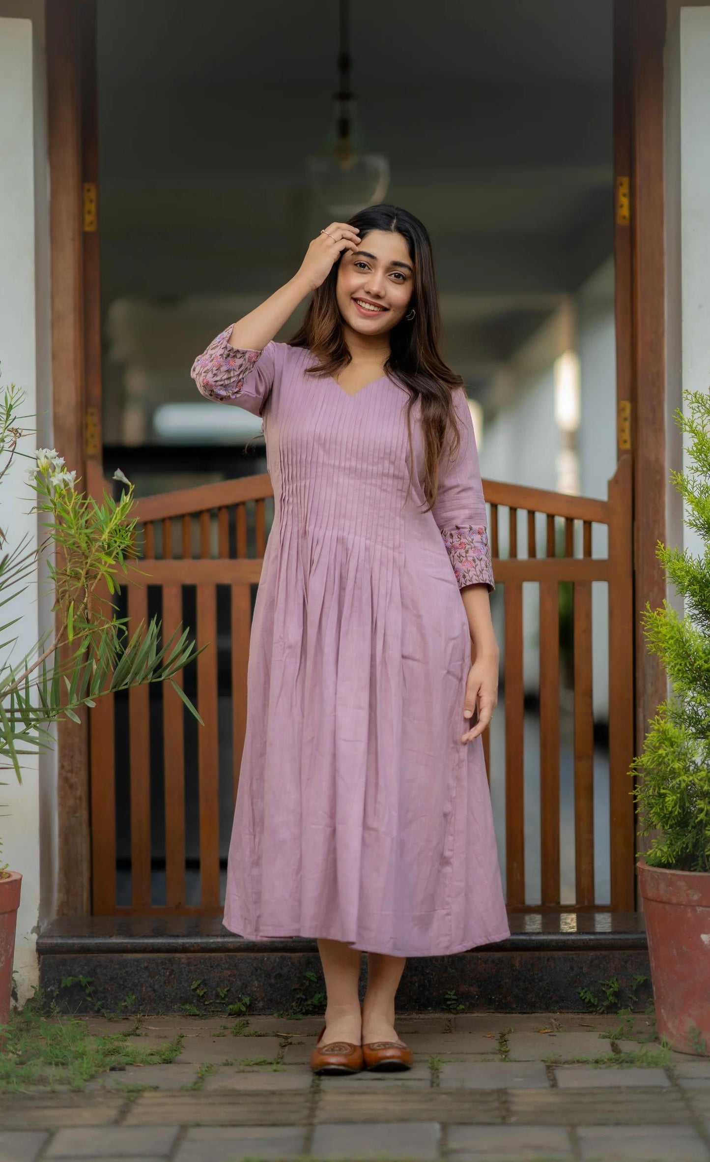 Cotton dress with floral embroidery and Printex detailing on yoke and sleeves