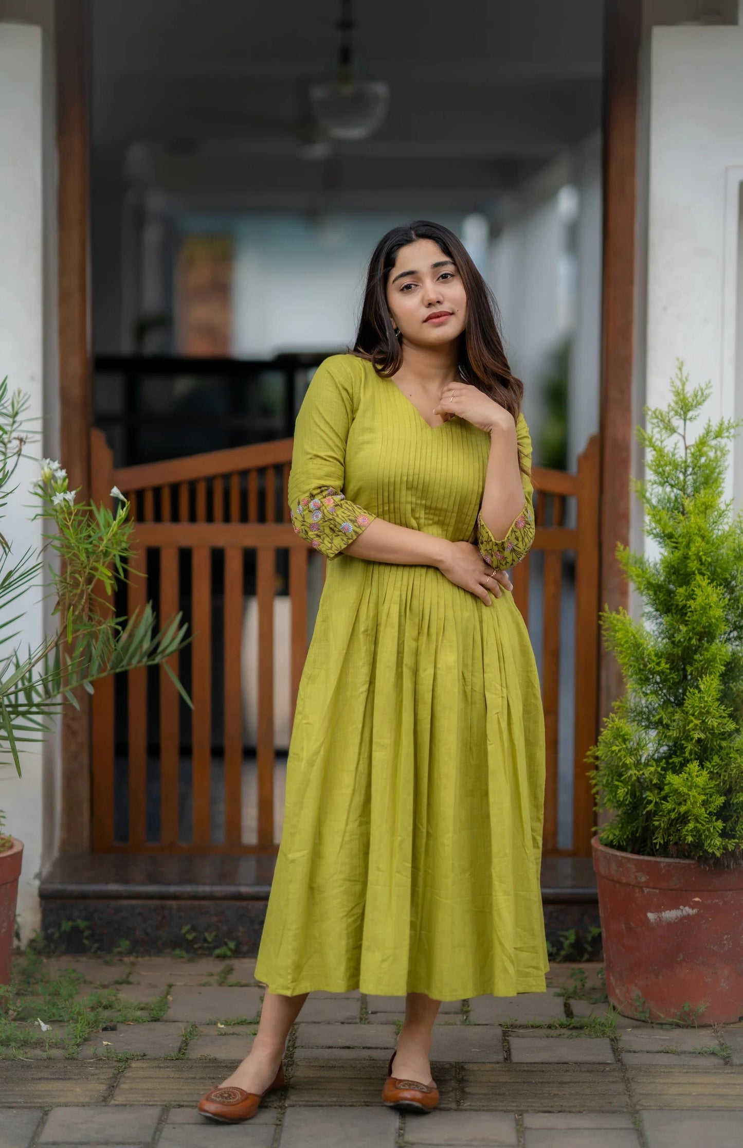 Cotton dress with floral embroidery and Printex detailing on yoke and sleeves