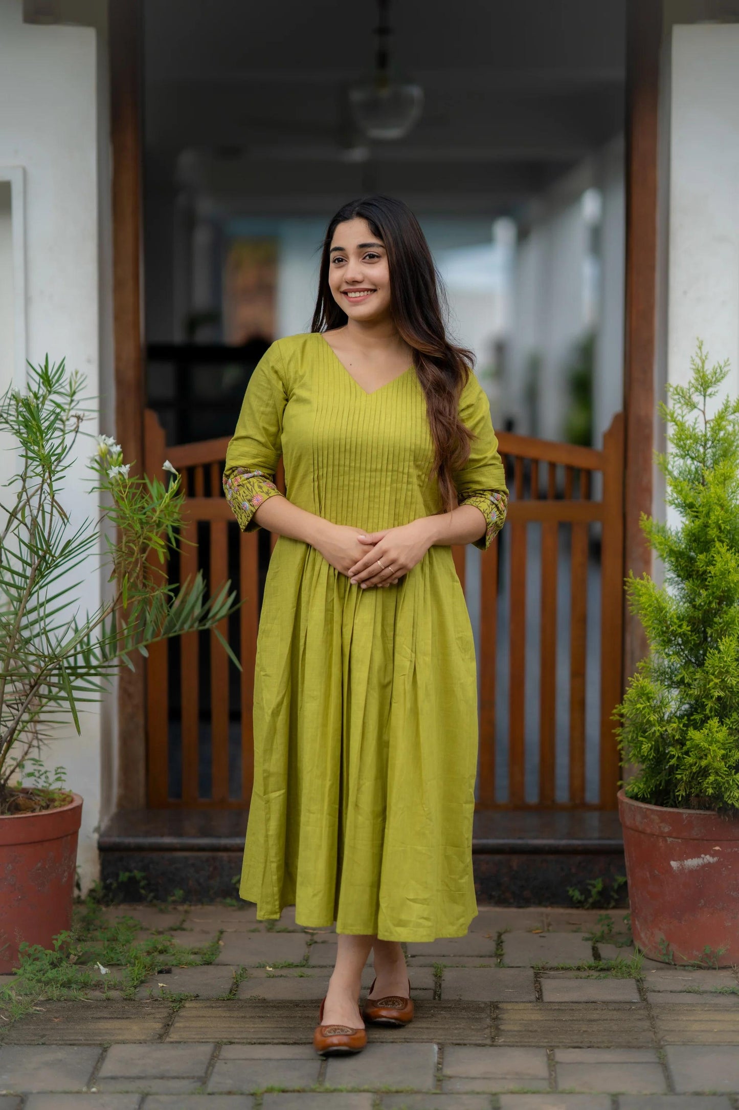 Cotton dress with floral embroidery and Printex detailing on yoke and sleeves