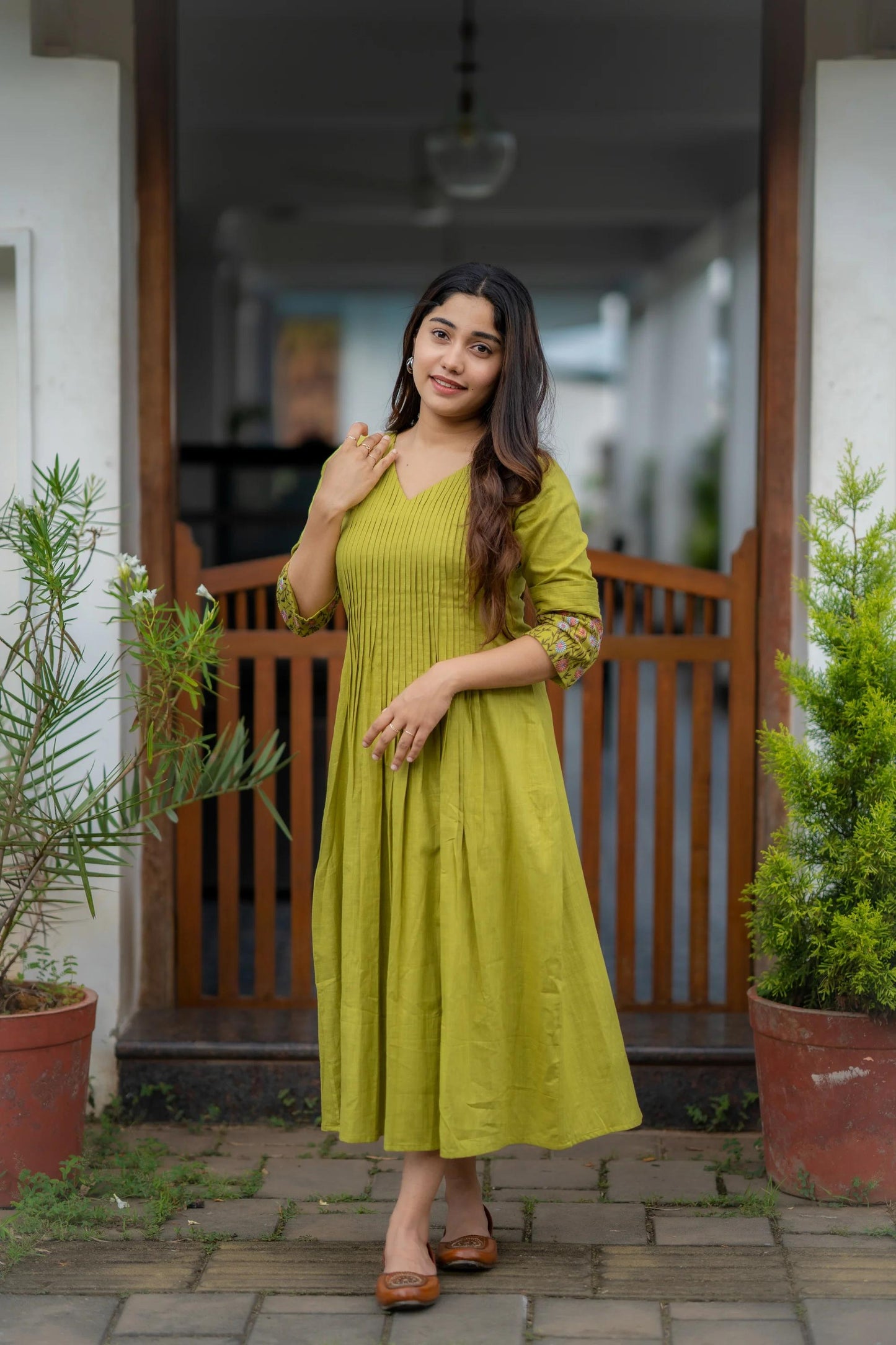 Cotton dress with floral embroidery and Printex detailing on yoke and sleeves