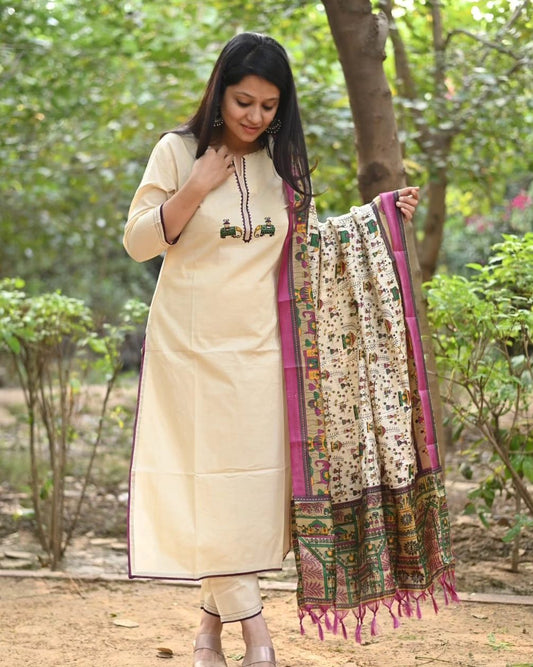Cream Color Kurta With  Heavy  Embroidered & Chanderi Dupatta