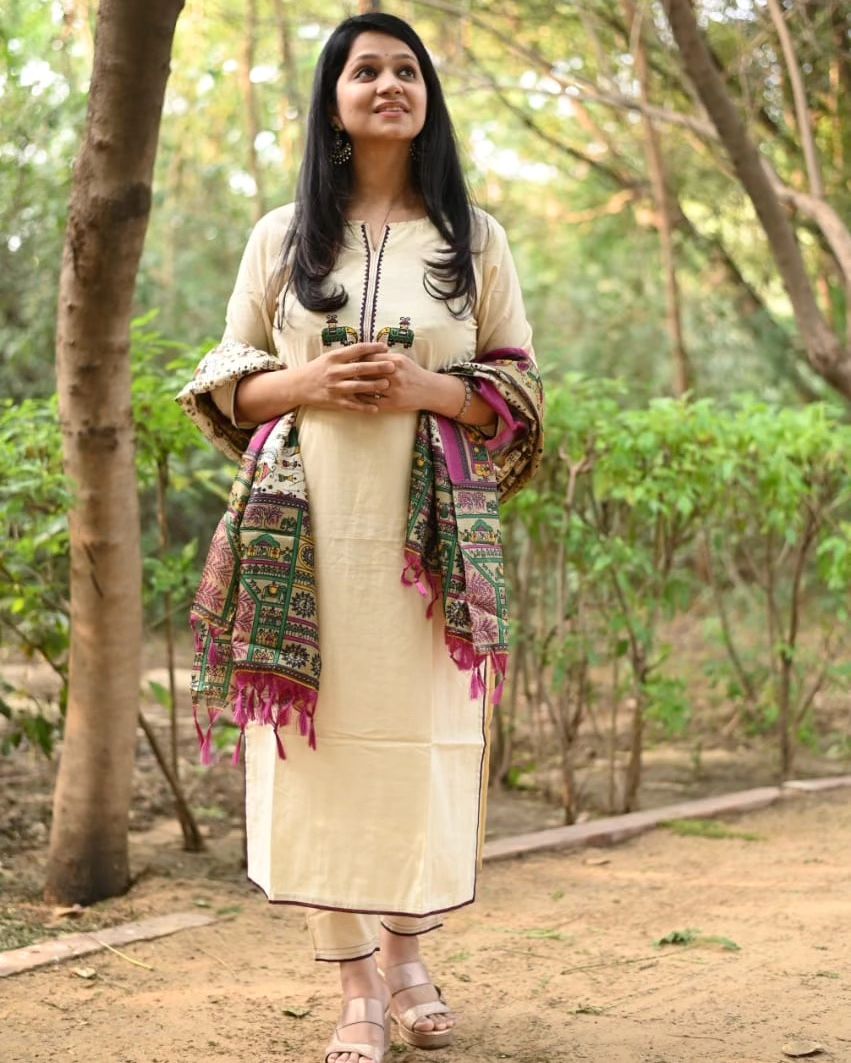 Cream Color Kurta With  Heavy  Embroidered & Chanderi Dupatta