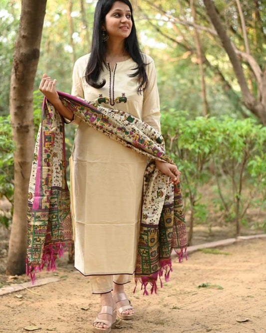 Cream Color Kurta With  Heavy  Embroidered & Chanderi Dupatta