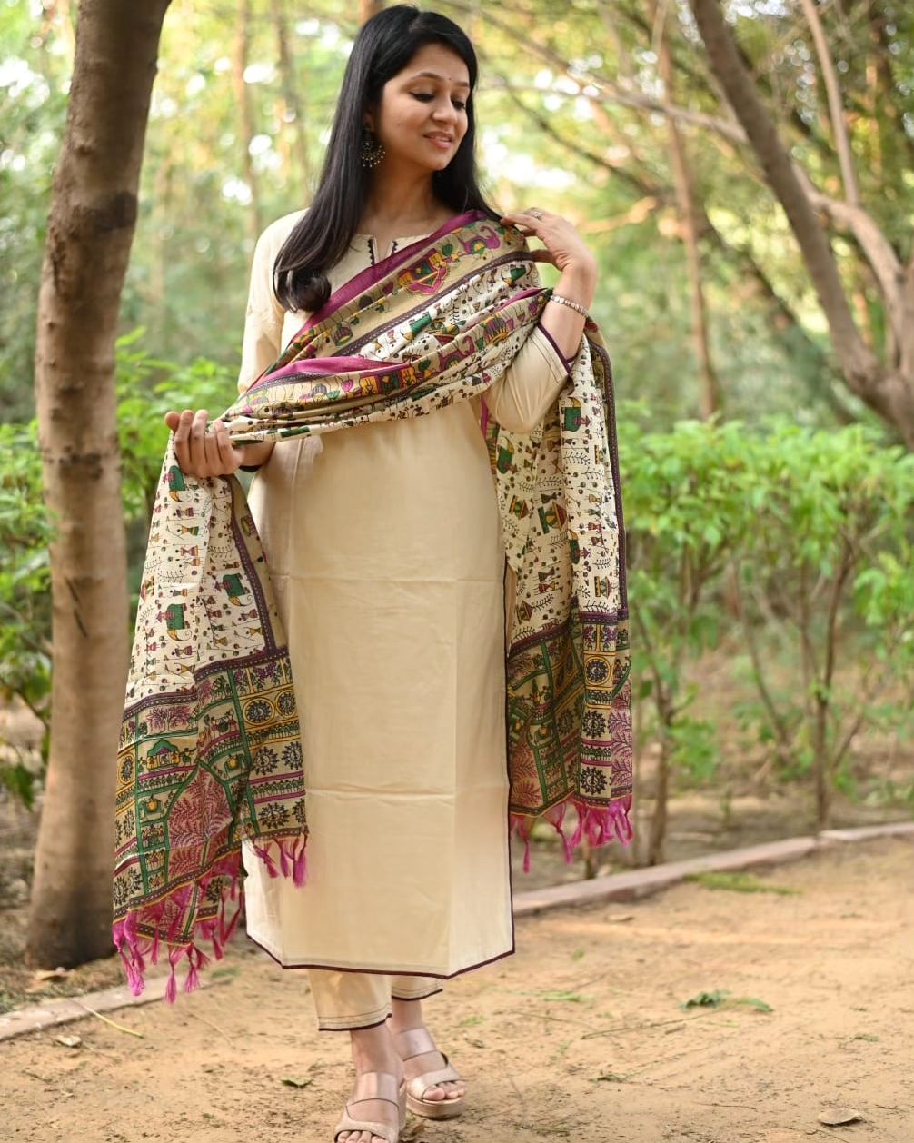 Cream Color Kurta With  Heavy  Embroidered & Chanderi Dupatta