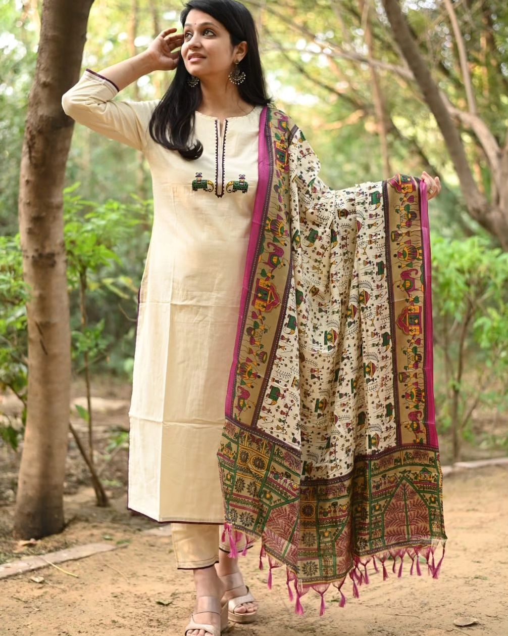 Cream Color Kurta With  Heavy  Embroidered & Chanderi Dupatta