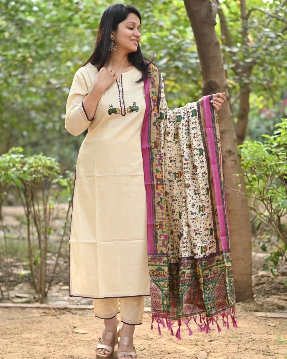 Cream Color Kurta With  Heavy  Embroidered & Chanderi Dupatta