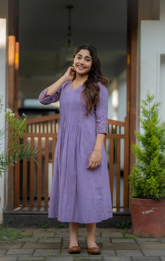 Cotton dress with floral embroidery and Printex detailing on yoke and sleeves