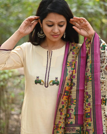 Cream Color Kurta With  Heavy  Embroidered & Chanderi Dupatta